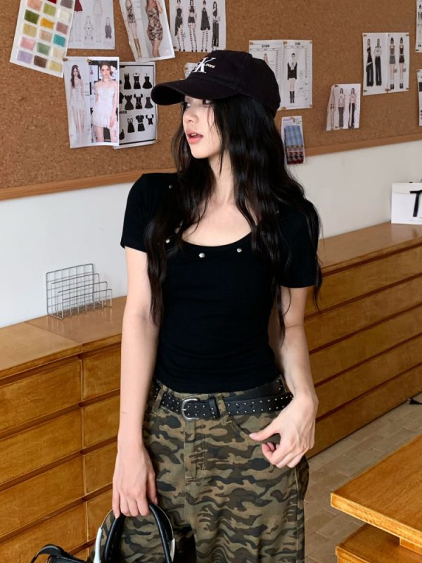 Studded U-Neck Short Sleeve T-Shirt for Women - Summer Slim Fit Hot Girl Top in American Style