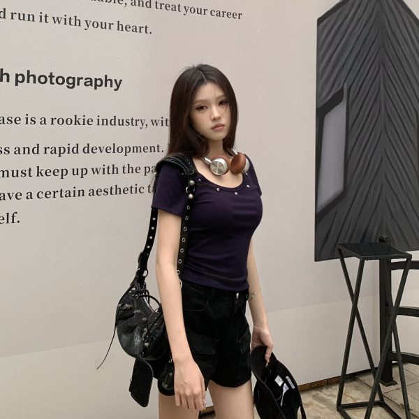 Studded U-Neck Short Sleeve T-Shirt for Women - Summer Slim Fit Hot Girl Top in American Style