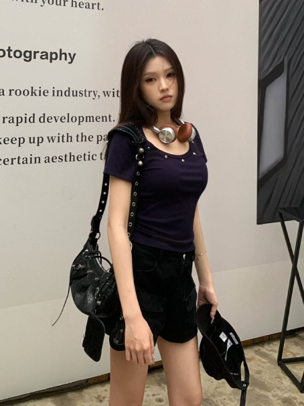 Studded U-Neck Short Sleeve T-Shirt for Women - Summer Slim Fit Hot Girl Top in American Style