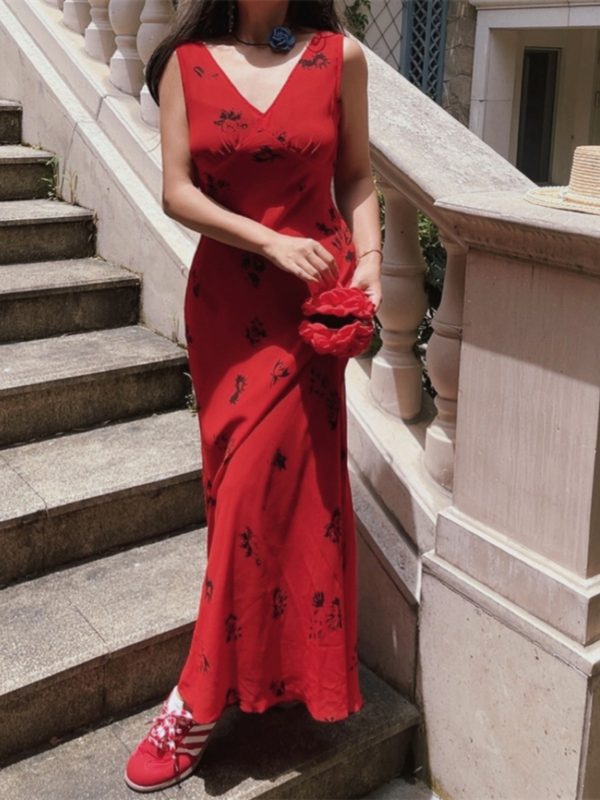 Stunning Red Floral Mermaid Dress - Handmade Draped V-Neck, Waist-Cinching, Perfect for Vacation & Summer Events
