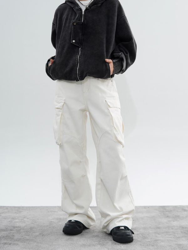 Stylish Retro High-Waisted Wide-Leg Multi-Pocket Work Pants for Men and Women - Trendy Casual 90s Inspired Straight-Leg Trousers
