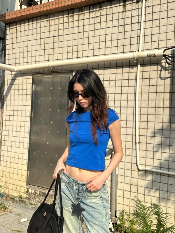 Summer 2025 Women's Casual High Elastic Solid Color Short Sleeve Crop Top T-Shirt - Trendy American Style