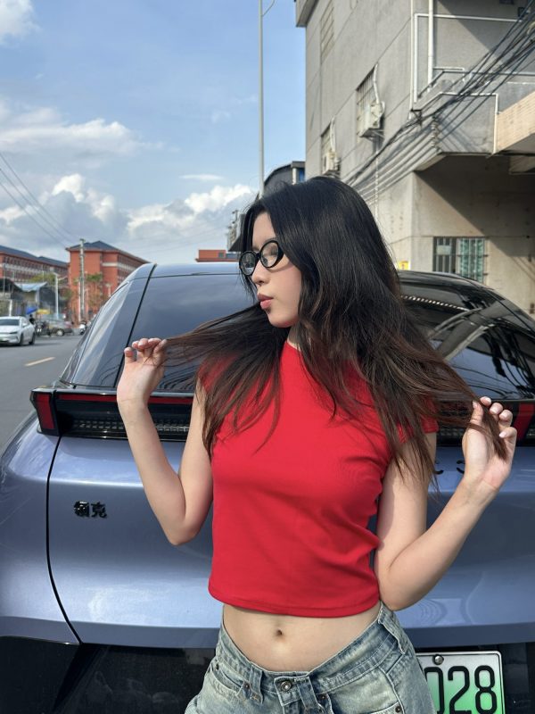Summer 2025 Women's Casual High Elastic Solid Color Short Sleeve Crop Top T-Shirt - Trendy American Style