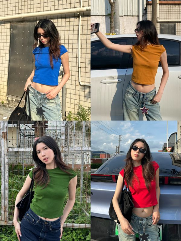 Summer 2025 Women's Casual High Elastic Solid Color Short Sleeve Crop Top T-Shirt - Trendy American Style