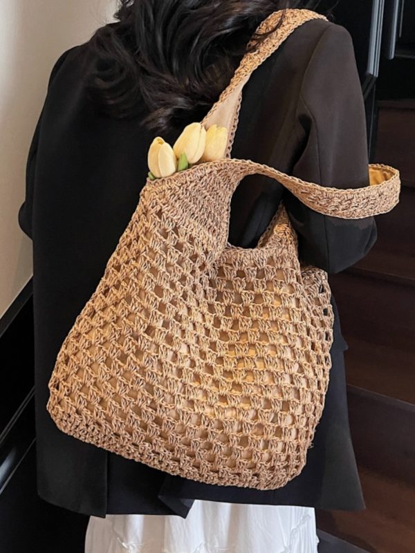 Summer 2025 Women's Woven Beach Tote Bag, Large Capacity Seaside Vacation Shoulder Bag, Lazy Wind Grass Design