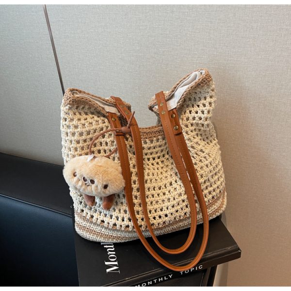 Summer 2025 Women's Woven Straw Bag, Large Capacity Cotton Thread Tote for Seaside Vacations & Commuting