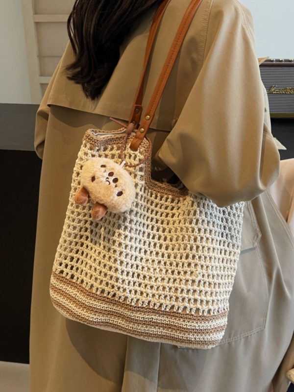 Summer 2025 Women's Woven Straw Bag, Large Capacity Cotton Thread Tote for Seaside Vacations & Commuting