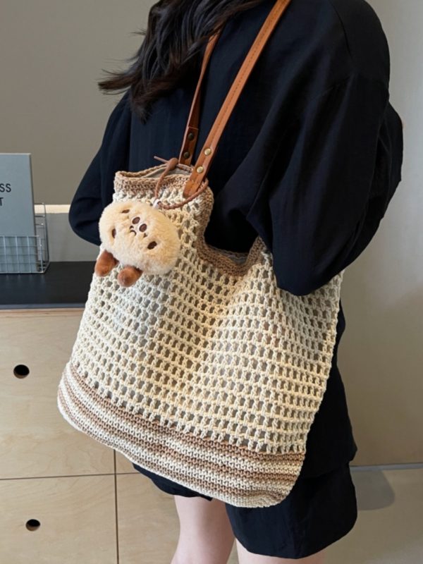 Summer 2025 Women's Woven Straw Bag, Large Capacity Cotton Thread Tote for Seaside Vacations & Commuting