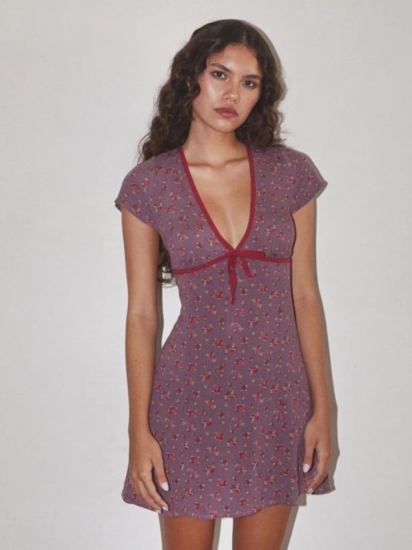 Summer American Vintage Low-Cut Bow Purple Floral Dress for Women - Cute 90s Inspired Design