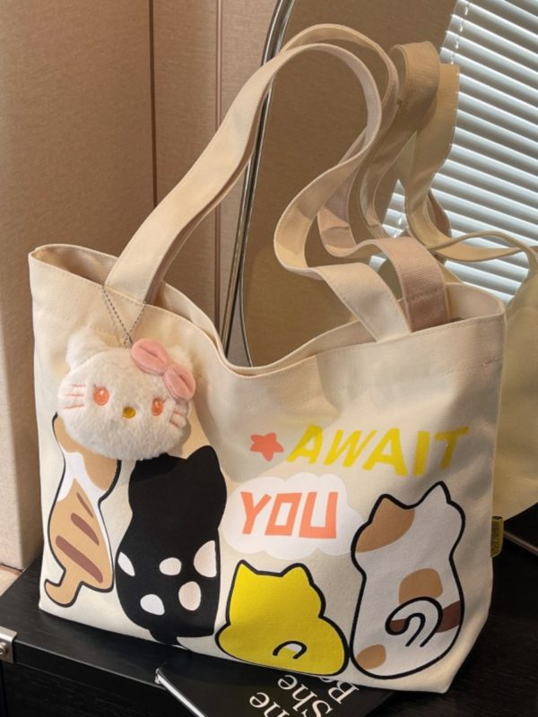 Summer Cartoon Canvas Tote Bag for Women - 2025 Large Capacity Shoulder Bag for Students and Commuters