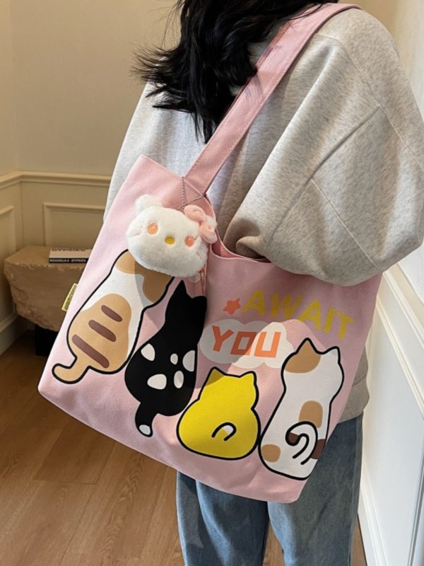 Summer Cartoon Canvas Tote Bag for Women - 2025 Large Capacity Shoulder Bag for Students and Commuters