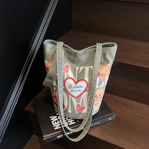Summer Cartoon Canvas Tote Bag for Women - Versatile Large Capacity Underarm & Shoulder Commuting Bucket Bag