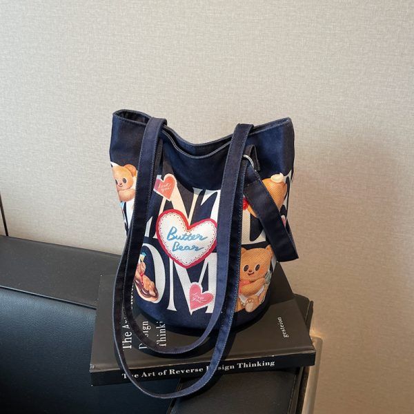 Summer Cartoon Canvas Tote Bag for Women - Versatile Large Capacity Underarm & Shoulder Commuting Bucket Bag