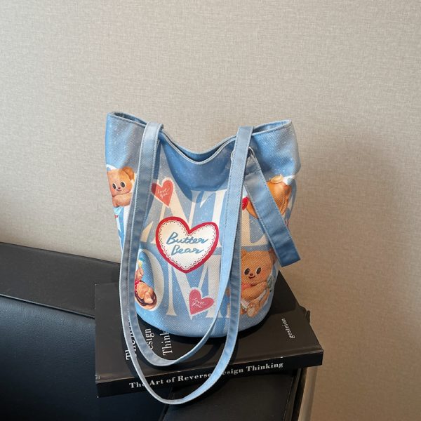 Summer Cartoon Canvas Tote Bag for Women - Versatile Large Capacity Underarm & Shoulder Commuting Bucket Bag
