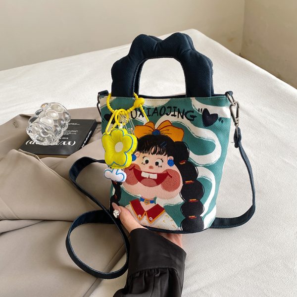 Summer Cartoon Graffiti Crossbody Bucket Bag for Women - Trendy Printed Canvas Tote Bag for Phone and Essentials