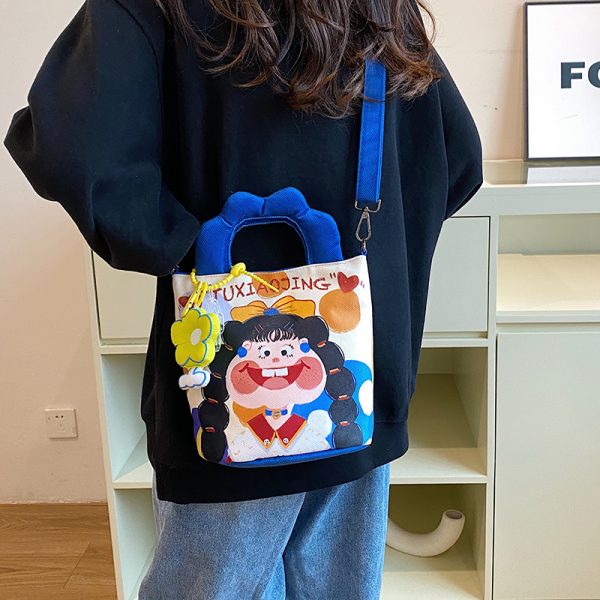 Summer Cartoon Graffiti Crossbody Bucket Bag for Women - Trendy Printed Canvas Tote Bag for Phone and Essentials