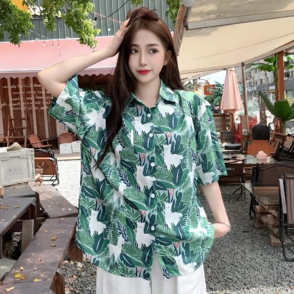 Summer Casual Loose Cartoon Print Short Sleeve Shirt for Women - Unique Beach Top for Students