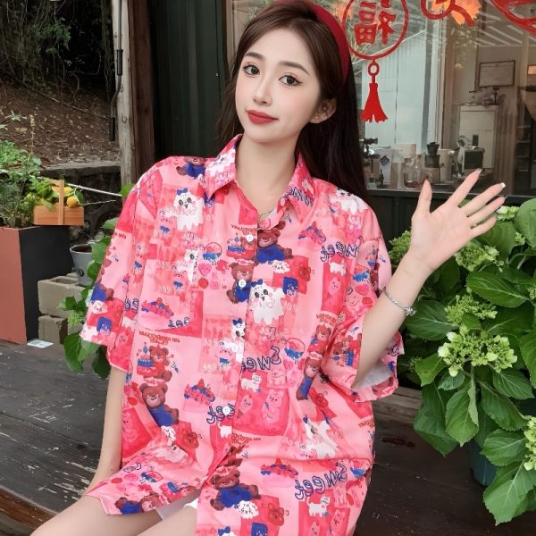 Summer Casual Loose Cartoon Print Short Sleeve Shirt for Women - Unique Beach Top for Students