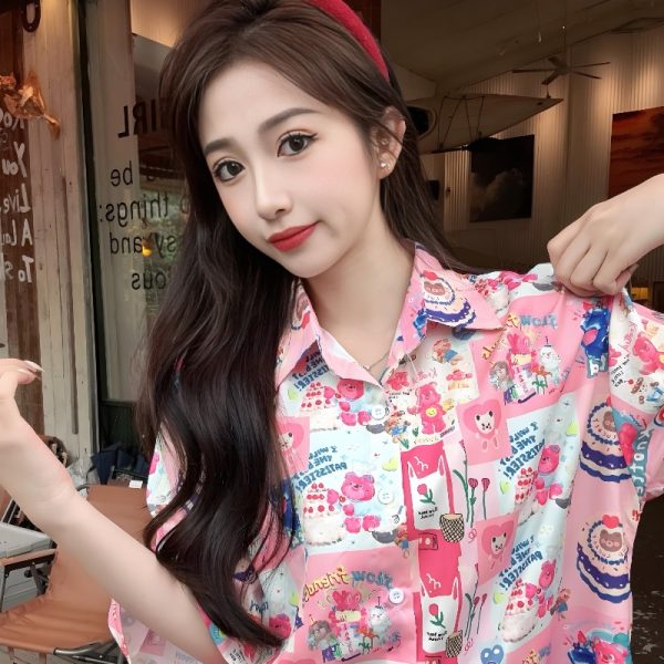 Summer Casual Loose Cartoon Print Short Sleeve Shirt for Women - Unique Beach Top for Students