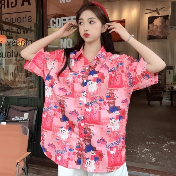 Summer Casual Loose Cartoon Print Short Sleeve Shirt for Women - Unique Beach Top for Students