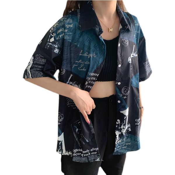 Summer Casual Loose Printed Short-Sleeve Shirt for Women - Versatile Beach Top in Hong Kong Style