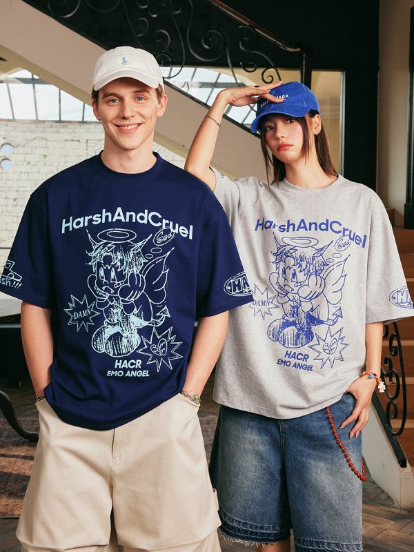 Summer Children's Fun Hand-Drawn Emo Angel Street Graffiti Loose Short Sleeve T-shirt - Trendy Y2K Aesthetic Fashion