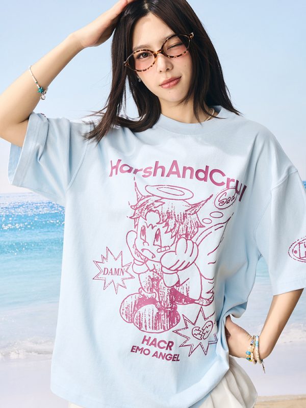 Summer Children's Fun Hand-Drawn Emo Angel Street Graffiti Loose Short Sleeve T-shirt - Trendy Y2K Aesthetic Fashion
