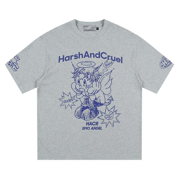 Summer Children's Fun Hand-Drawn Emo Angel Street Graffiti Loose Short Sleeve T-shirt - Trendy Y2K Aesthetic Fashion
