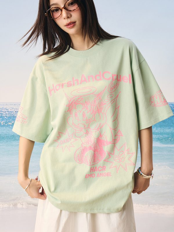 Summer Children's Fun Hand-Drawn Emo Angel Street Graffiti Loose Short Sleeve T-shirt - Trendy Y2K Aesthetic Fashion
