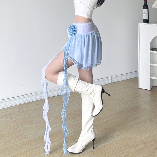 Summer Clear Sky Rose Tassel Irregular A-Line Split Short Skirt for Dancing - Trendy Summer Fashion, Y2K Style