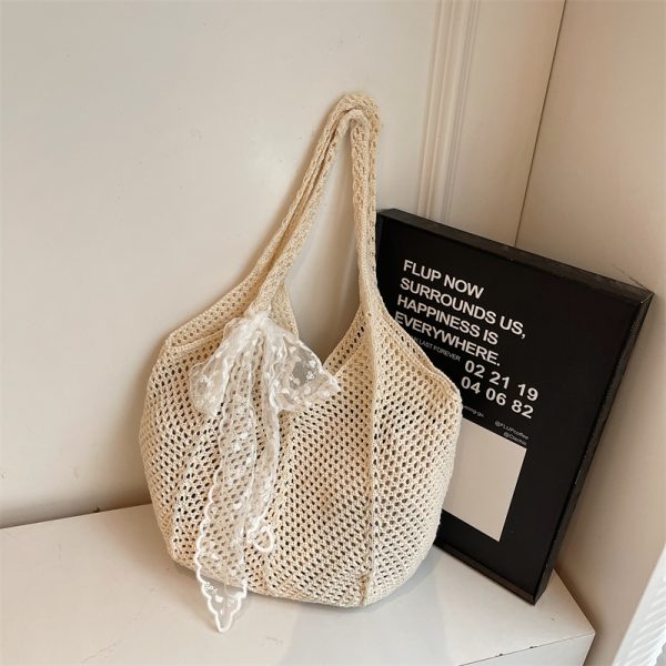 Summer Cotton Woven Beach Tote Bag for Women - Hollow Design, Large Capacity, Perfect for Vacation and Commuting