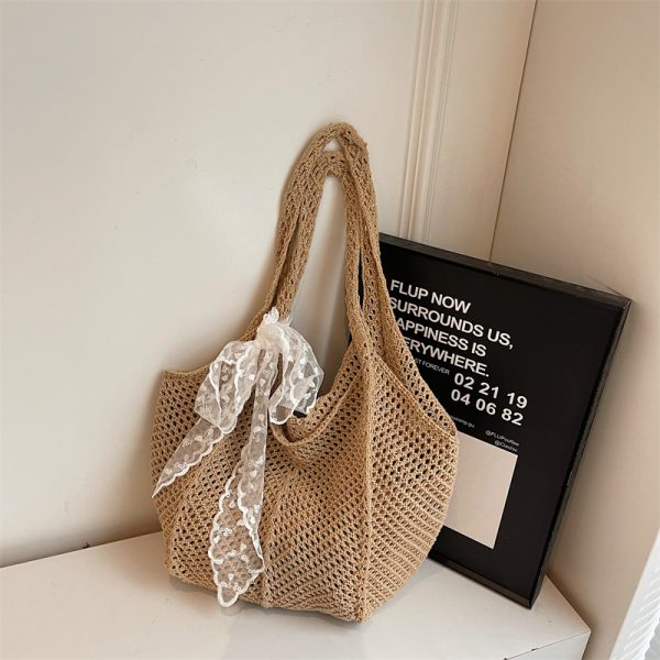 Summer Cotton Woven Beach Tote Bag for Women - Hollow Design, Large Capacity, Perfect for Vacation and Commuting