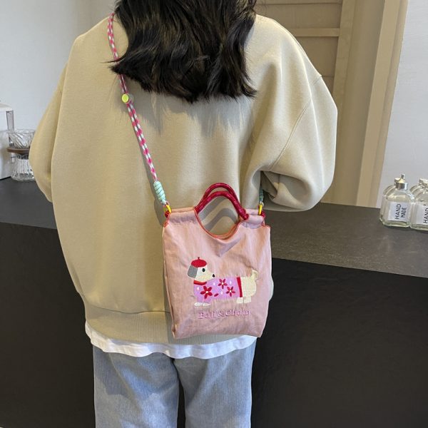 Summer Dachshund Embroidered Canvas Bucket Bag for Women - Cute Tote Crossbody Bag 2025 New Style
