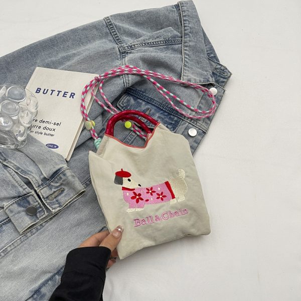 Summer Dachshund Embroidered Canvas Bucket Bag for Women - Cute Tote Crossbody Bag 2025 New Style