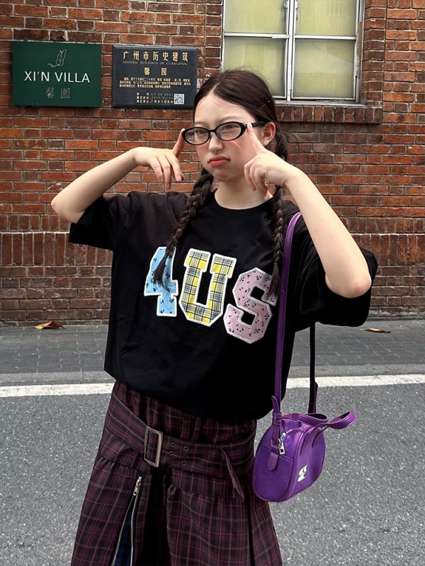 Summer Floral Patchwork Embroidered Plaid T-shirt for Couples - Trendy Loose-Fit Short Sleeve Tee in 90s Style