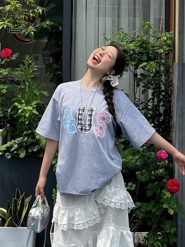 Summer Floral Patchwork Embroidered Plaid T-shirt for Couples - Trendy Loose-Fit Short Sleeve Tee in 90s Style