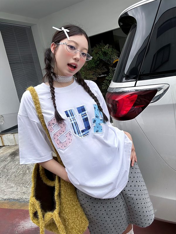 Summer Floral Patchwork Embroidered Plaid T-shirt for Couples - Trendy Loose-Fit Short Sleeve Tee in 90s Style
