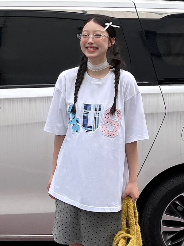 Summer Floral Patchwork Embroidered Plaid T-shirt for Couples - Trendy Loose-Fit Short Sleeve Tee in 90s Style