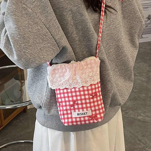 Summer Fresh Lace Mini Bag for Women - 2025 Fashion Plaid Zip Crossbody Phone Bag, Trendy Y2K Style