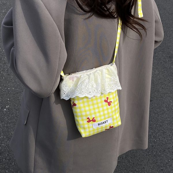 Summer Fresh Lace Mini Bag for Women - 2025 Fashion Plaid Zip Crossbody Phone Bag, Trendy Y2K Style