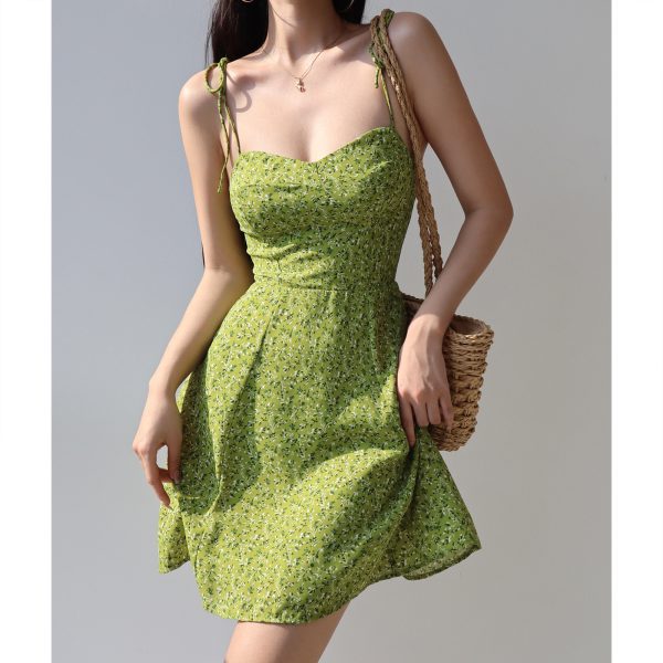 Summer Green Printed Camisole Dress with Shoulder Ties, Waist-Cinching Slim A-Line Style for Fresh American Girl Fashion