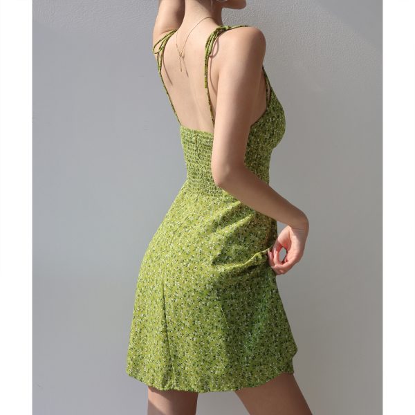 Summer Green Printed Camisole Dress with Shoulder Ties, Waist-Cinching Slim A-Line Style for Fresh American Girl Fashion