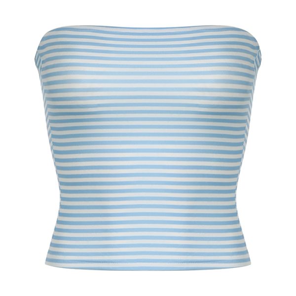 Summer Island Blue Strapless Striped Vest for Women, Elastic Wrap Top, Backless Design, Skin Tone Enhancing, Y2K Style