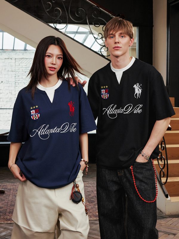 Summer Jersey Retro Sports Unisex Embroidered Short Sleeve T-Shirt - Fake Two-Piece Design, Casual 90s Style Fashion Top