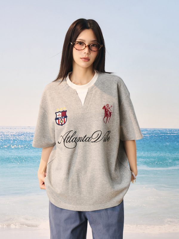 Summer Jersey Retro Sports Unisex Embroidered Short Sleeve T-Shirt - Fake Two-Piece Design, Casual 90s Style Fashion Top