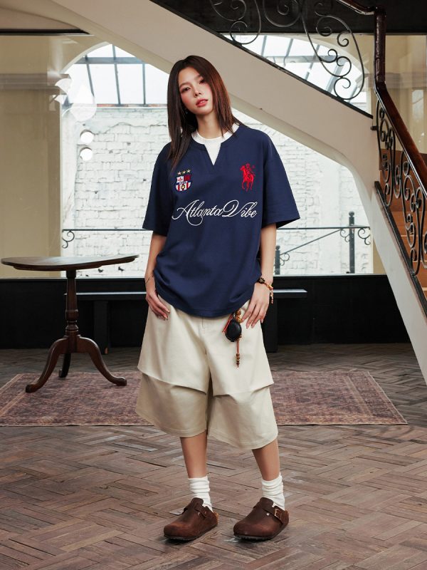 Summer Jersey Retro Sports Unisex Embroidered Short Sleeve T-Shirt - Fake Two-Piece Design, Casual 90s Style Fashion Top