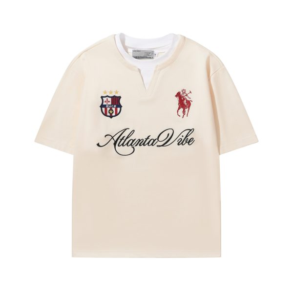 Summer Jersey Retro Sports Unisex Embroidered Short Sleeve T-Shirt - Fake Two-Piece Design, Casual 90s Style Fashion Top