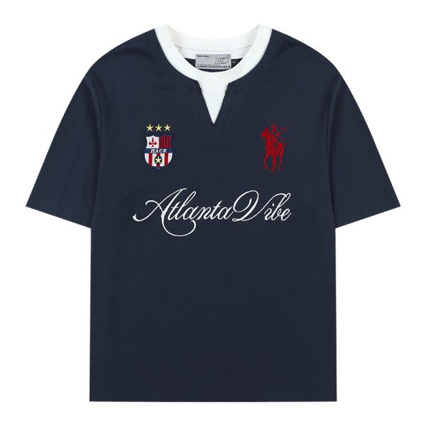 Summer Jersey Retro Sports Unisex Embroidered Short Sleeve T-Shirt - Fake Two-Piece Design, Casual 90s Style Fashion Top