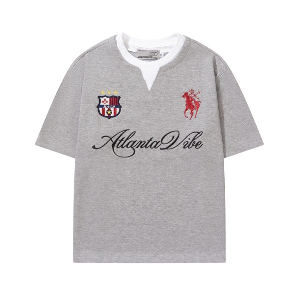 Summer Jersey Retro Sports Unisex Embroidered Short Sleeve T-Shirt - Fake Two-Piece Design, Casual 90s Style Fashion Top