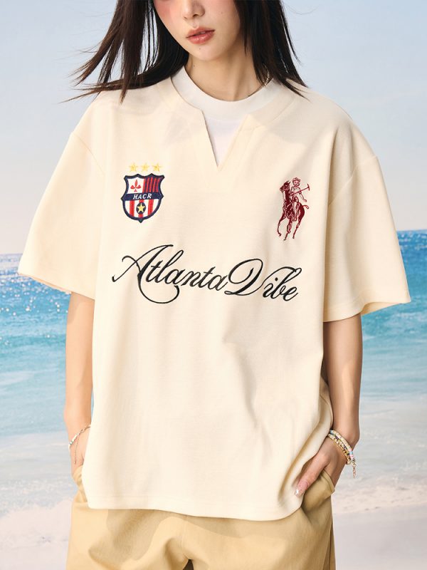 Summer Jersey Retro Sports Unisex Embroidered Short Sleeve T-Shirt - Fake Two-Piece Design, Casual 90s Style Fashion Top